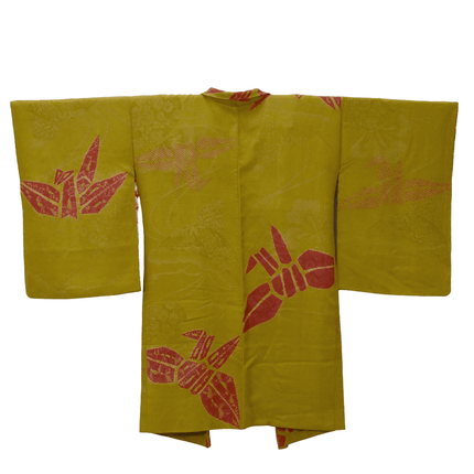 Antiker Haori mit Kranichmotiv in Gelbgrün und Shibori-Innenfutter ( ca 1920 - 1930 )