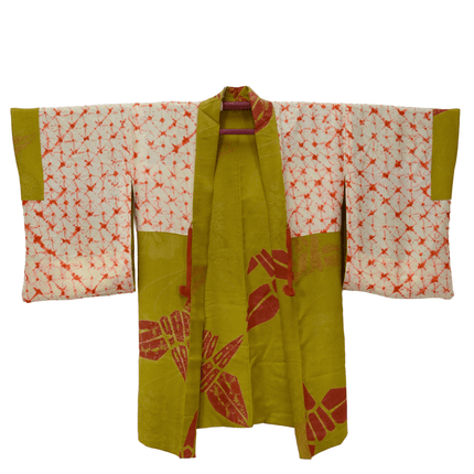 Antiker Haori mit Kranichmotiv in Gelbgrün und Shibori-Innenfutter ( ca 1920 - 1930 )