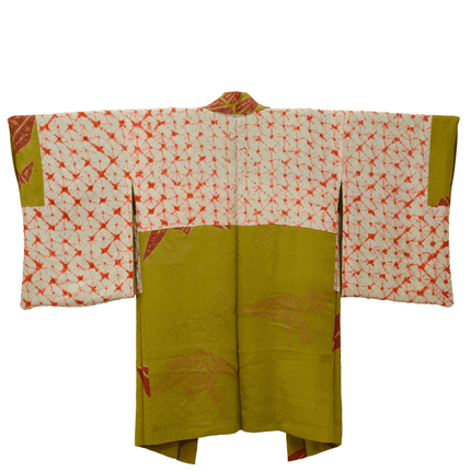 Antiker Haori mit Kranichmotiv in Gelbgrün und Shibori-Innenfutter ( ca 1920 - 1930 )