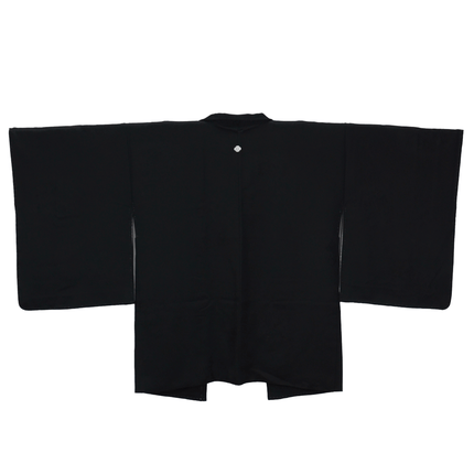 Vintage schwarzes Seiden-Haori mit floralem Familienwappen