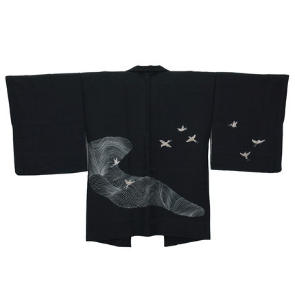Vintage schwarzes Haori mit abstraktem Vogelmotiv