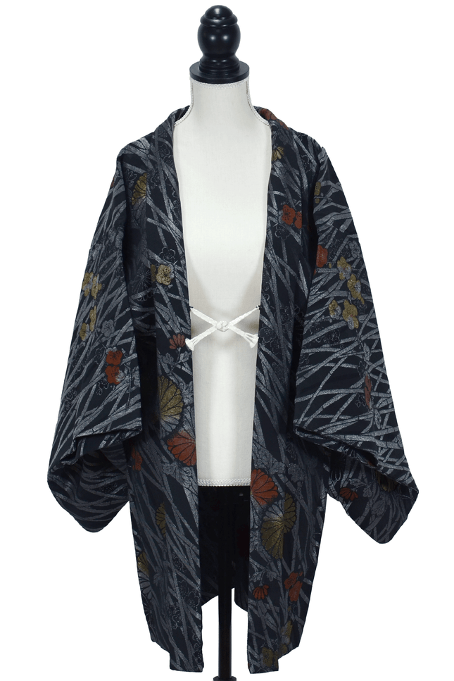 Black Vintage Haori with Chrysanthemums and Autumn Grass