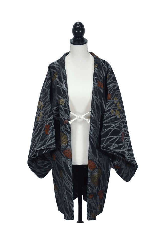 Black Vintage Haori with Chrysanthemums and Autumn Grass
