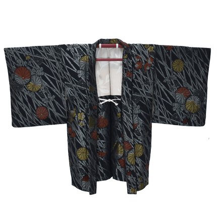 Schwarzer Vintage-Haori mit Chrysanthemen und Herbstgras