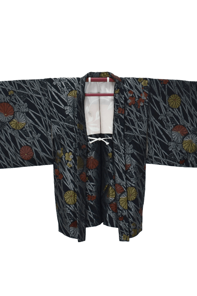Black Vintage Haori with Chrysanthemums and Autumn Grass