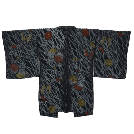 Schwarzer Vintage-Haori mit Chrysanthemen und Herbstgras