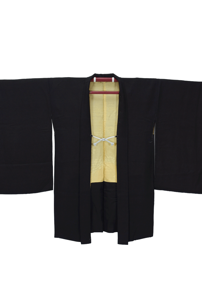 Black vintage silk haori with gold embroidered family crest