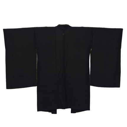 Schwarzer Vintage-Haori aus Seide mit goldgesticktem Familienwappen