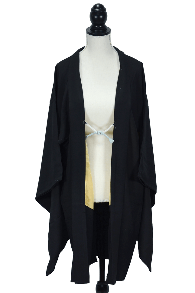 Black vintage silk haori with gold embroidered family crest