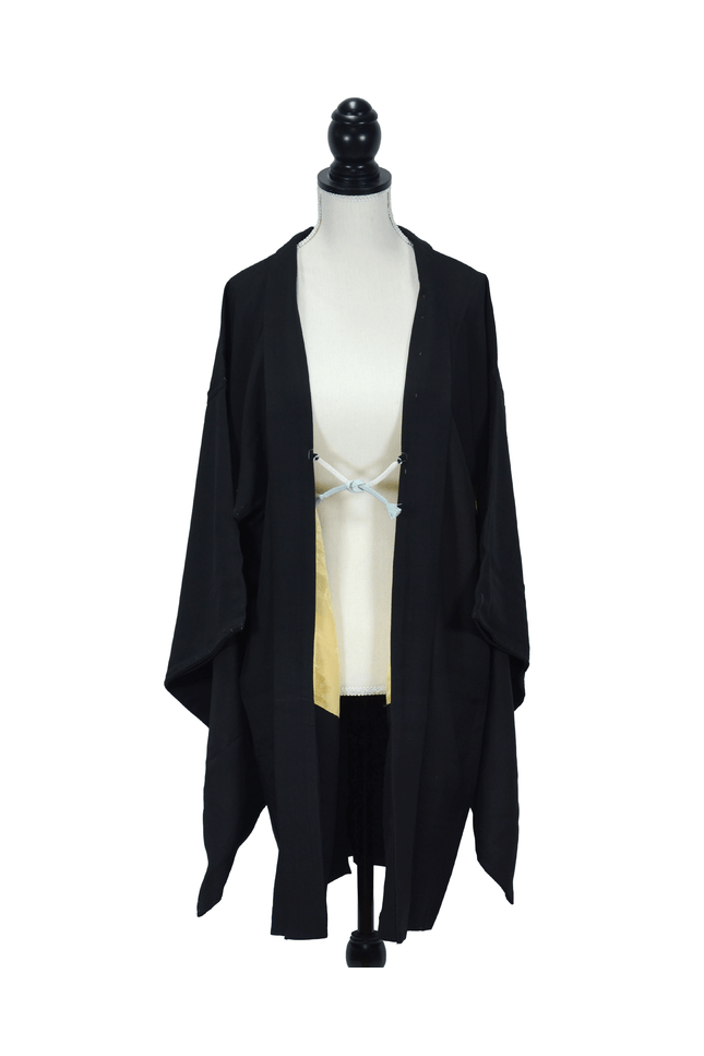 Black vintage silk haori with gold embroidered family crest