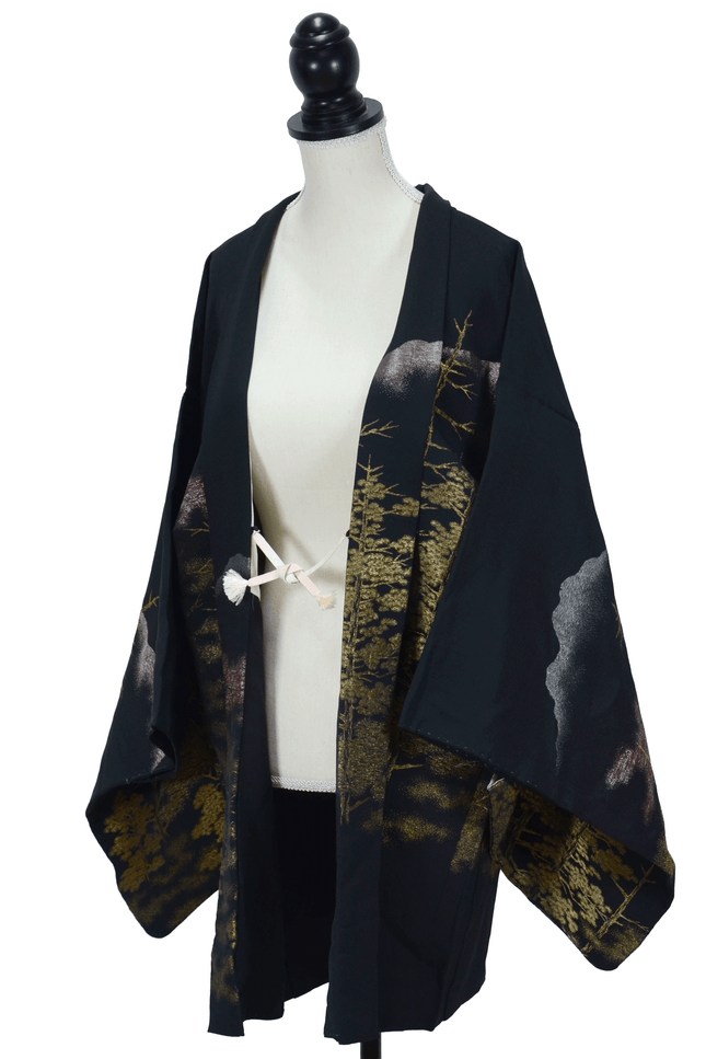 Luxurious black vintage haori with golden landscape embroidery