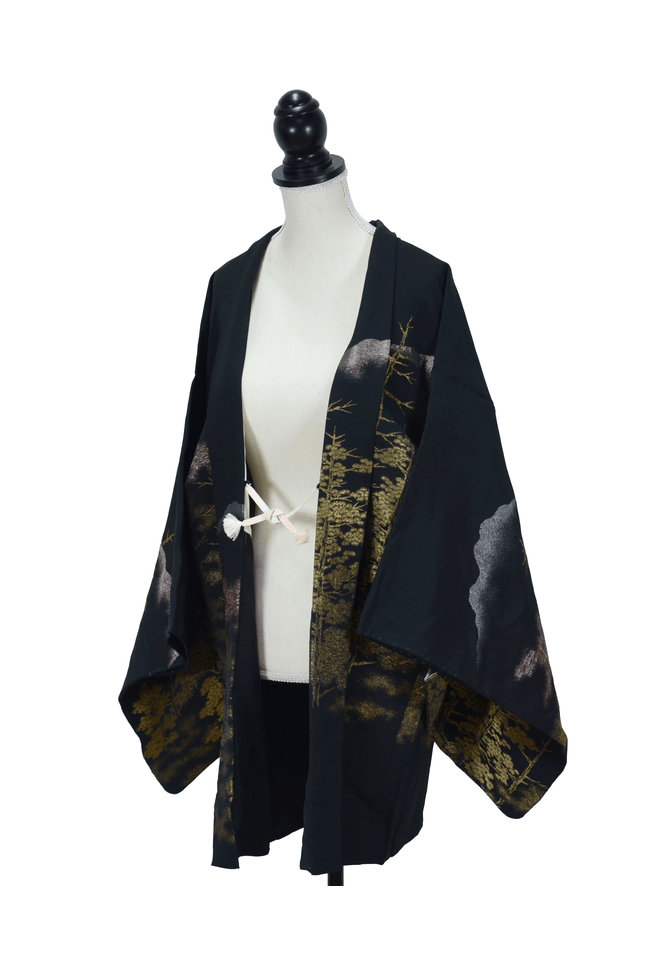 Luxurious black vintage haori with golden landscape embroidery
