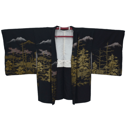 Luxuriöser schwarzer Vintage-Haori mit goldener Landschaftsstickerei