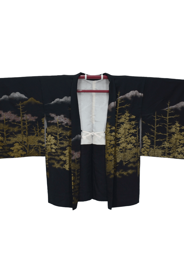 Luxurious black vintage haori with golden landscape embroidery