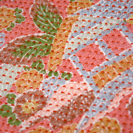 Haori with Shibori pattern - Pink orange with traditional Japanese houses and flowers