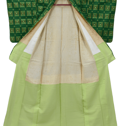 Vintage-Kimono mit geometrischem Allover-Muster, vermutlich aus der mittleren Shōwa-Zeit (ca. 1955–1975)