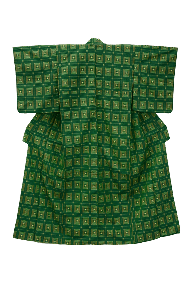 Vintage kimono with an all-over geometric pattern, presumably from the mid-Shōwa period (approx. 1955–1975)