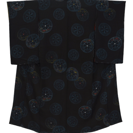 Antiker Kimono mit Radmotiven – Schwarz, Seide, 1930er Jahre