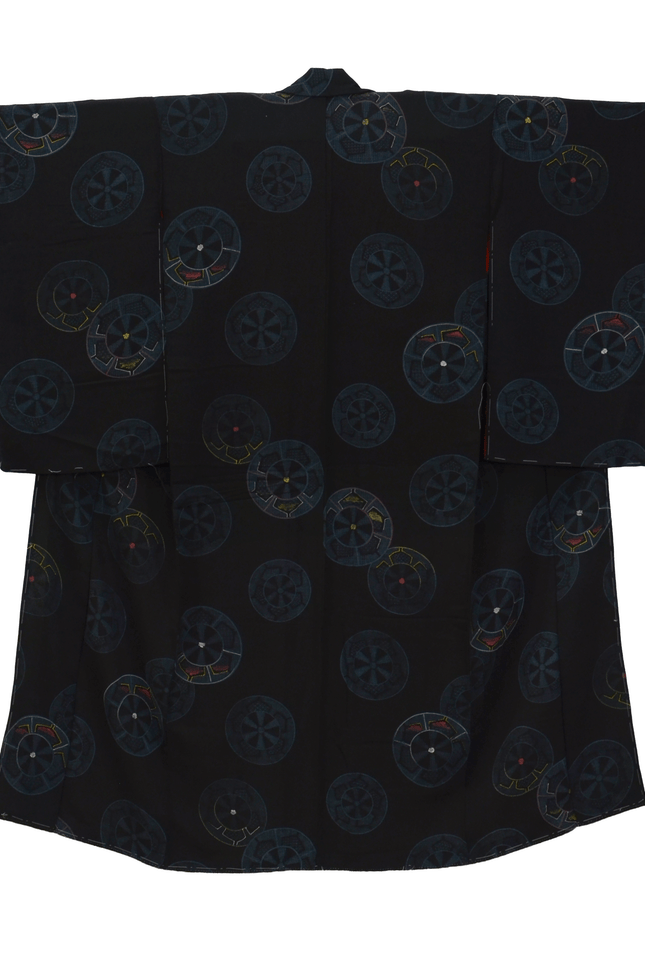 Antique Kimono with Wheel Motifs – Black, Silk, 1930s
