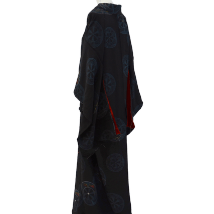 Antiker Kimono mit Radmotiven – Schwarz, Seide, 1930er Jahre