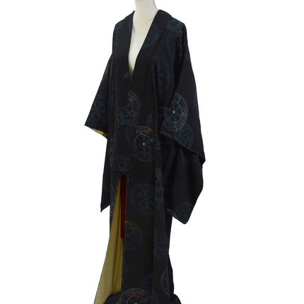 Antiker Kimono mit Radmotiven – Schwarz, Seide, 1930er Jahre