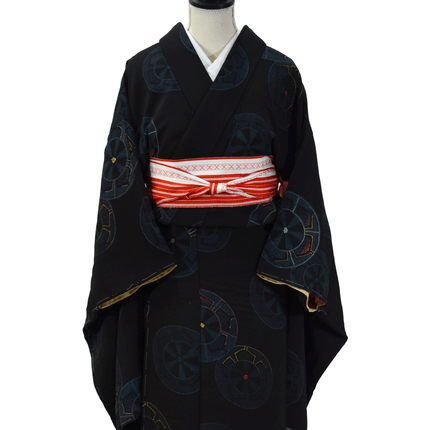 Antiker Kimono mit Radmotiven – Schwarz, Seide, 1930er Jahre