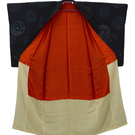 Antiker Kimono mit Radmotiven – Schwarz, Seide, 1930er Jahre