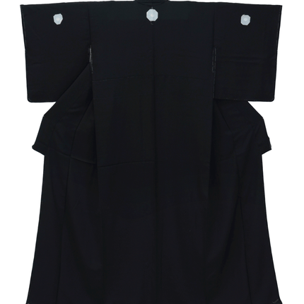 Vintage Kimono schwarz Seide 1950–1970 mit fünf Familienwappen – Japan Montsuki