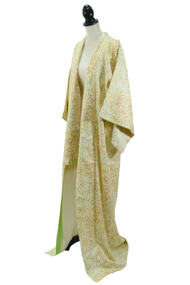 Vintage silk kimono with a delicate pastel leaf pattern (1960–1980)