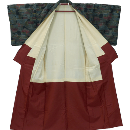 Vintage Kimono mit architektonischem Muster – Jacquard in Kasuri-Optik, 1960er–70er