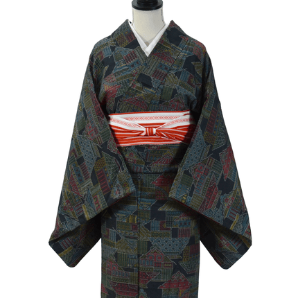 Vintage Kimono mit architektonischem Muster – Jacquard in Kasuri-Optik, 1960er–70er