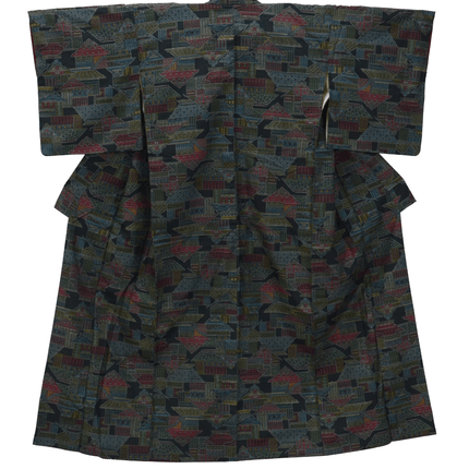 Vintage Kimono mit architektonischem Muster – Jacquard in Kasuri-Optik, 1960er–70er