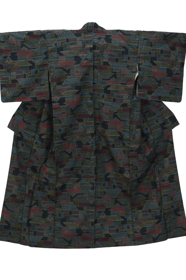 Vintage Kimono with Architectural Pattern - Kasuri-style Jacquard, 1960s-70s