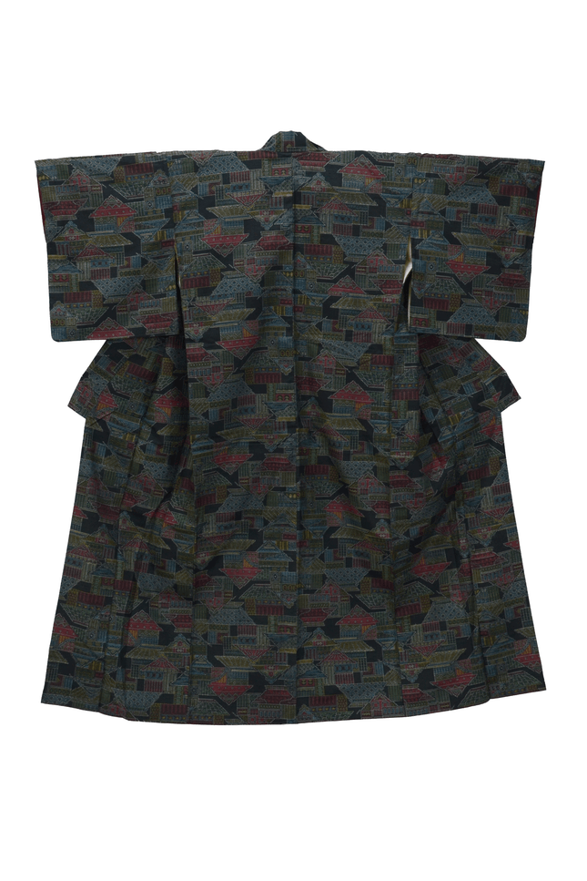 Vintage Kimono with Architectural Pattern - Kasuri-style Jacquard, 1960s-70s