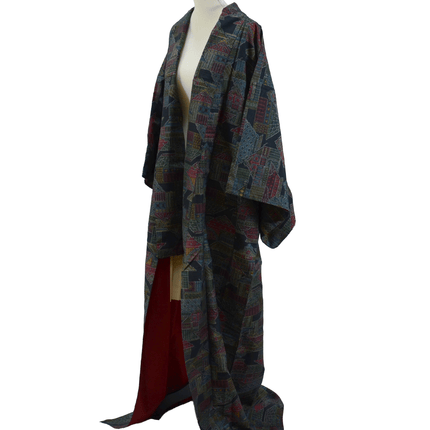 Vintage Kimono mit architektonischem Muster – Jacquard in Kasuri-Optik, 1960er–70er
