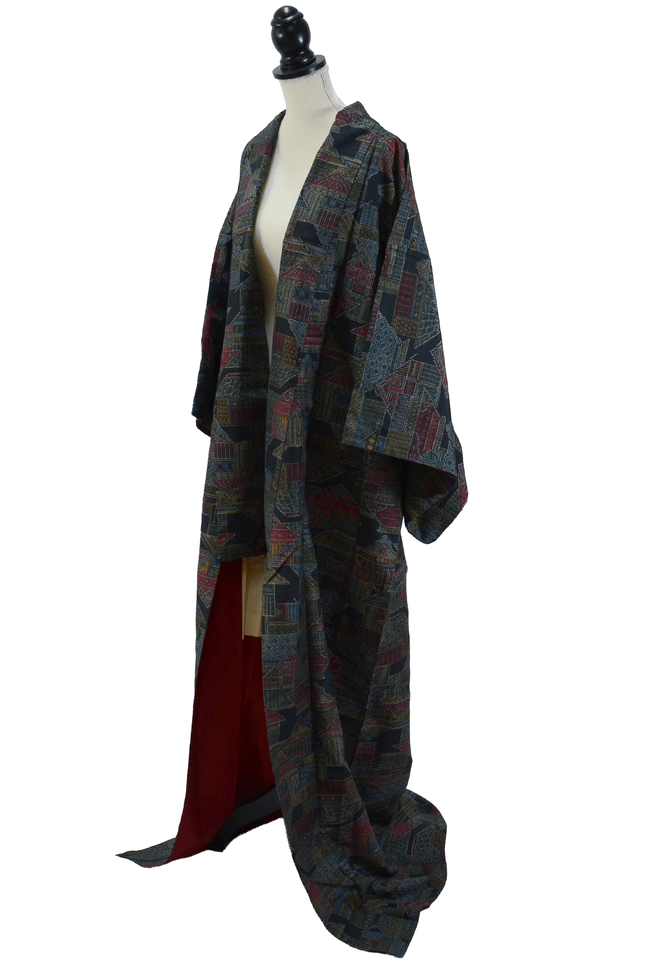 Vintage Kimono with Architectural Pattern - Kasuri-style Jacquard, 1960s-70s