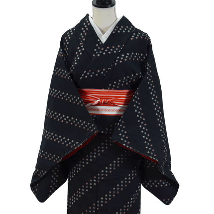 Vintage Kimono mit Kasuri-Muster aus Seide – Schwarz/Rot, 1950–70er