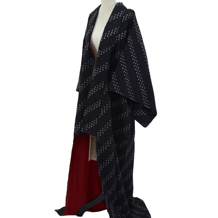 Vintage Kimono mit Kasuri-Muster aus Seide – Schwarz/Rot, 1950–70er