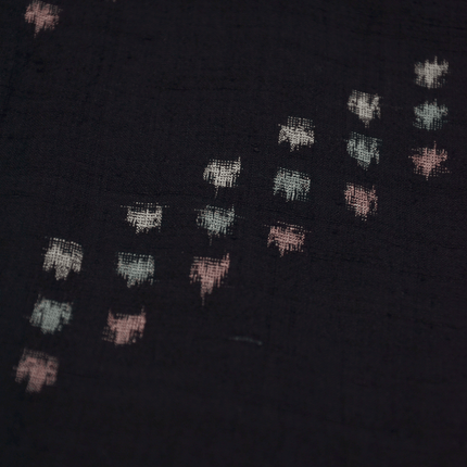 Vintage Kimono mit Kasuri-Muster aus Seide – Schwarz/Rot, 1950–70er